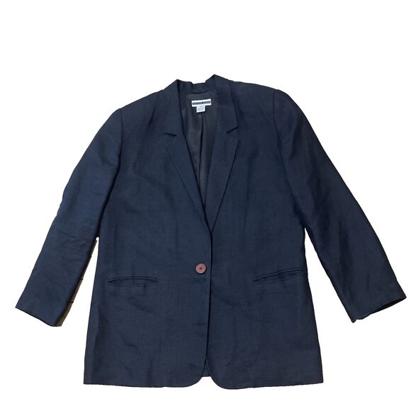 Jennifer Moore 100% Linen Sport Blazer Women 14 Black 1 Button Suit Coat Jacket - Picture 1 of 16